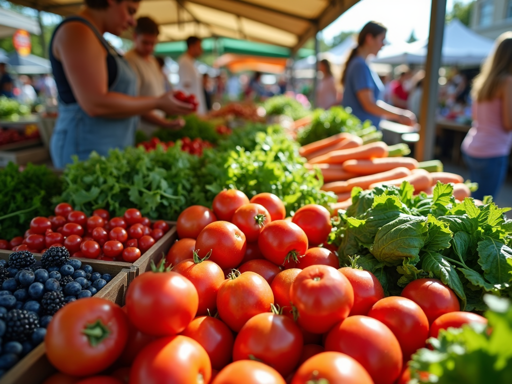 O tarabă plină de legume și fructe proaspete la o piață, cu oameni alegând produse sănătoase sub soarele strălucitor.