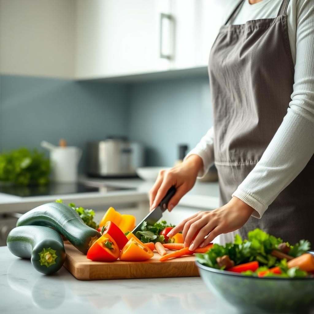Persoană care pregătește o masă sănătoasă într-o bucătărie modernă, tăind legume proaspete precum dovlecei, ardei gras și morcovi, cu un bol de salată verde în apropiere.