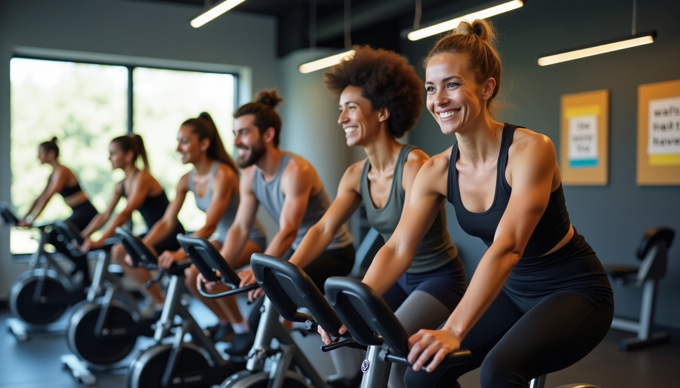 Un grup de persoane care se antrenează împreună pe biciclete fitness la o sală.