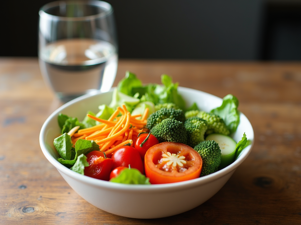 Un bol de salată colorată cu legume proaspete și un pahar de apă pe o masă de lemn