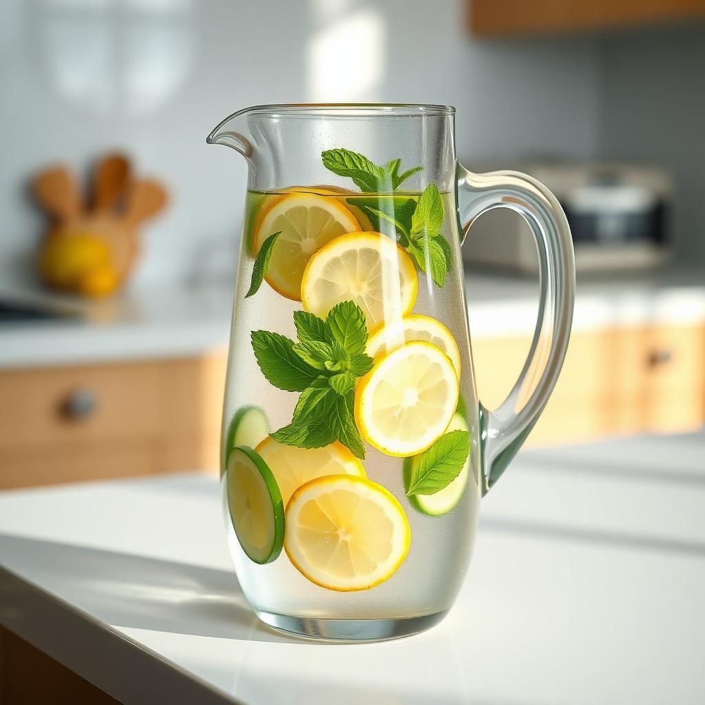 Cana de sticlă cu apă infuzată cu felii de lămâie, castravete și frunze de mentă, pe o masă albă, în lumină naturală.