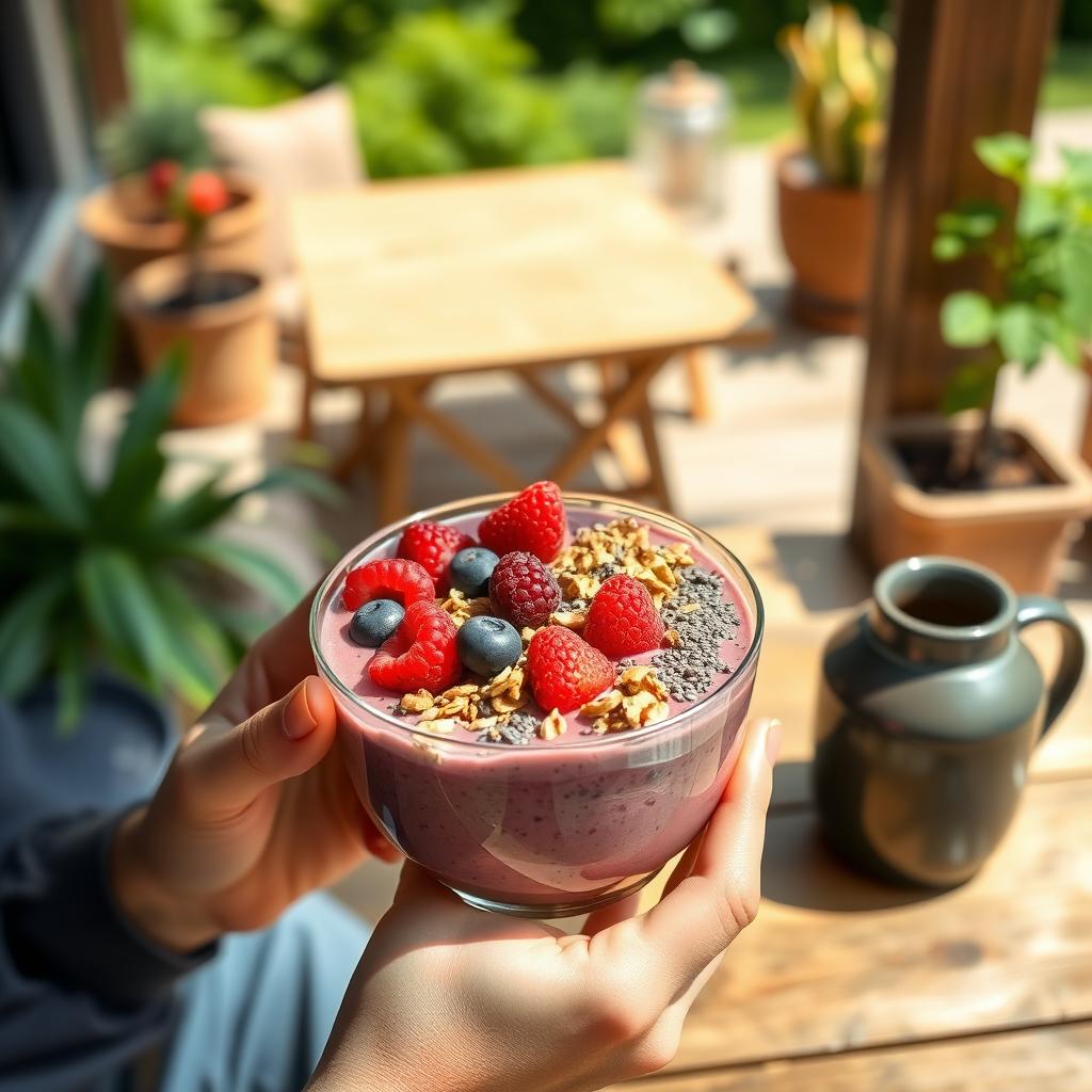 Persoană care savurează un bol cu smoothie decorat cu granola, fructe de pădure și semințe de chia, pe o terasă însorită cu masă din lemn și verdeață în jur.