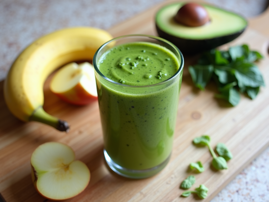 Smoothie verde detox cu spanac, avocado, măr și banană.