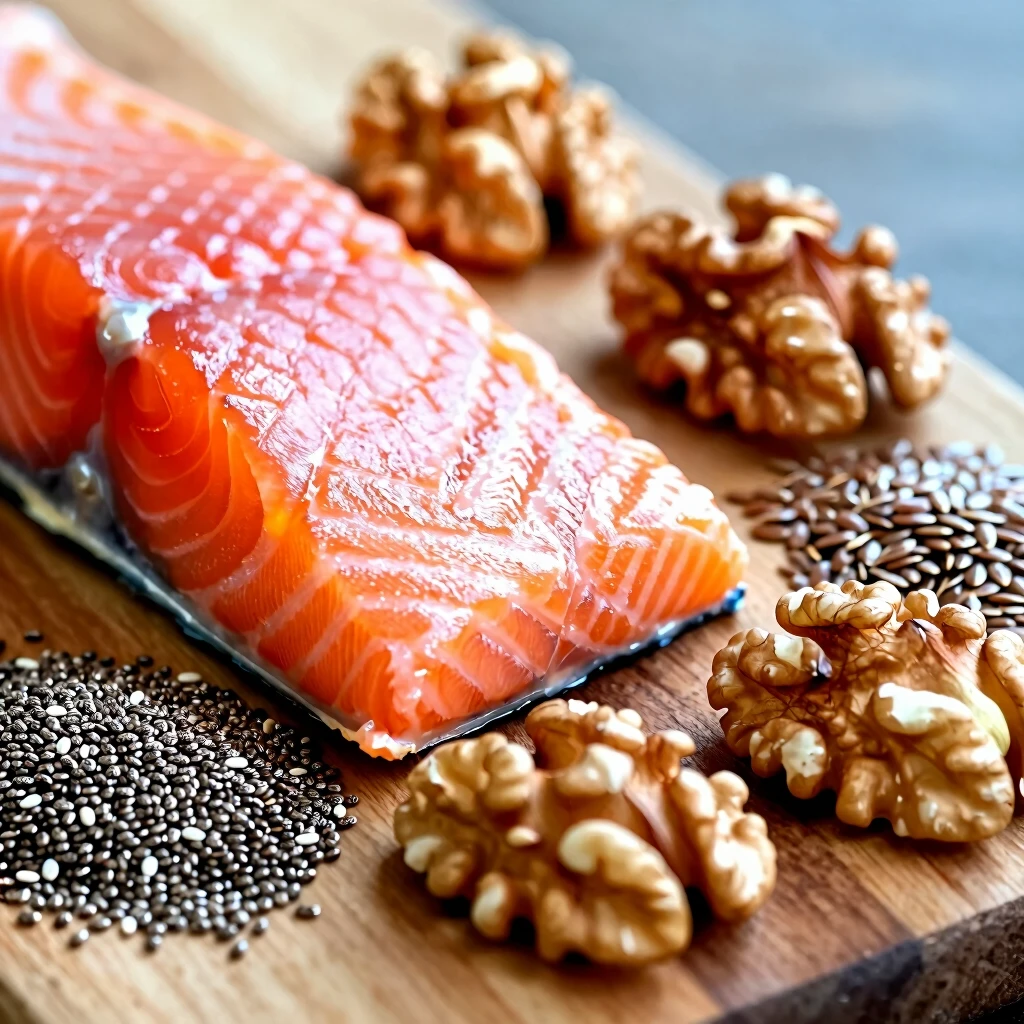 Prim-plan cu alimente bogate în omega-3: file de somon, nuci, semințe de chia și in pe o scândură de lemn