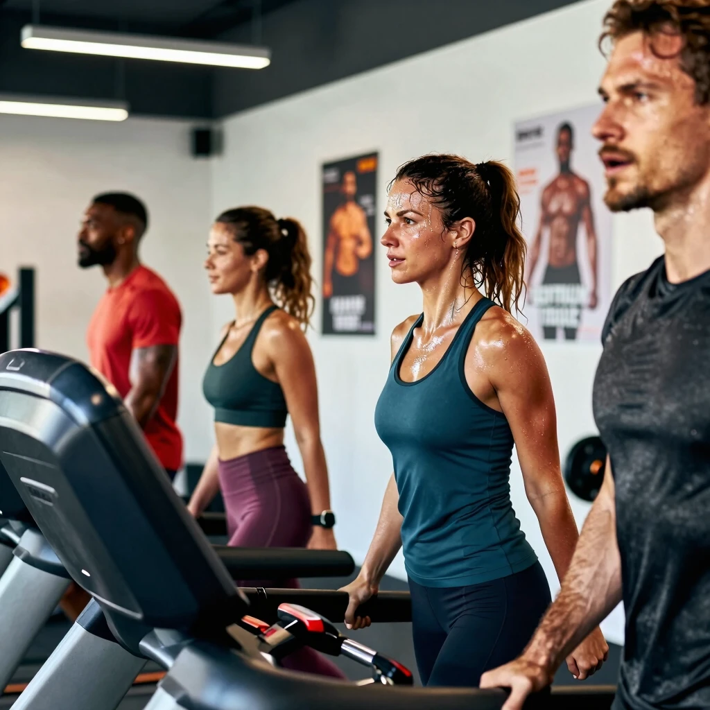Grup de oameni motivați antrenându-se într-o sală de fitness modernă