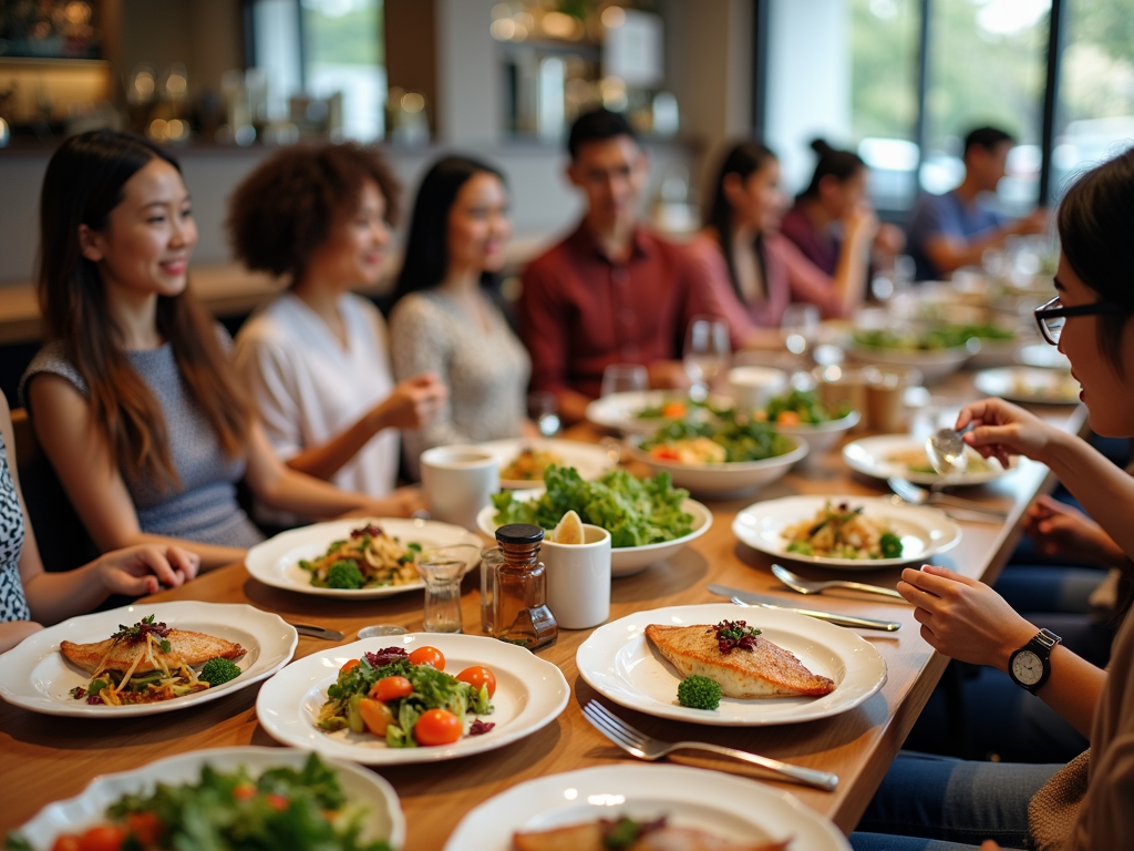 Prietenii savurând o masă sănătoasă la restaurant