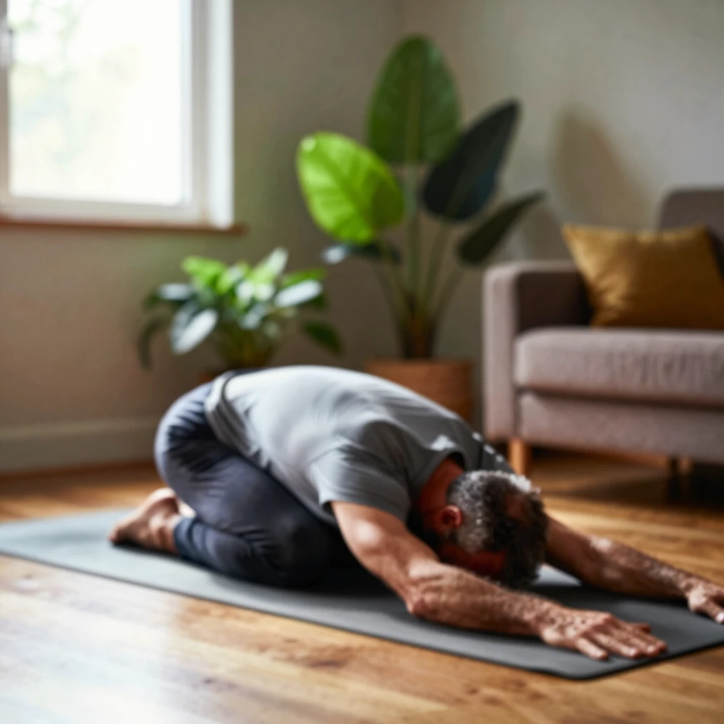 Bărbat începător practicând poziția copilului în yoga acasă