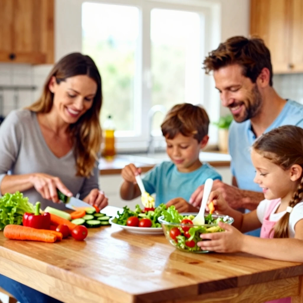 Familie fericită pregătind o salată colorată împreună în bucătărie
