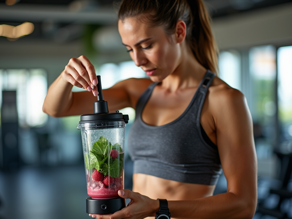 Entuziast al fitness-ului pregătind un shake proteic