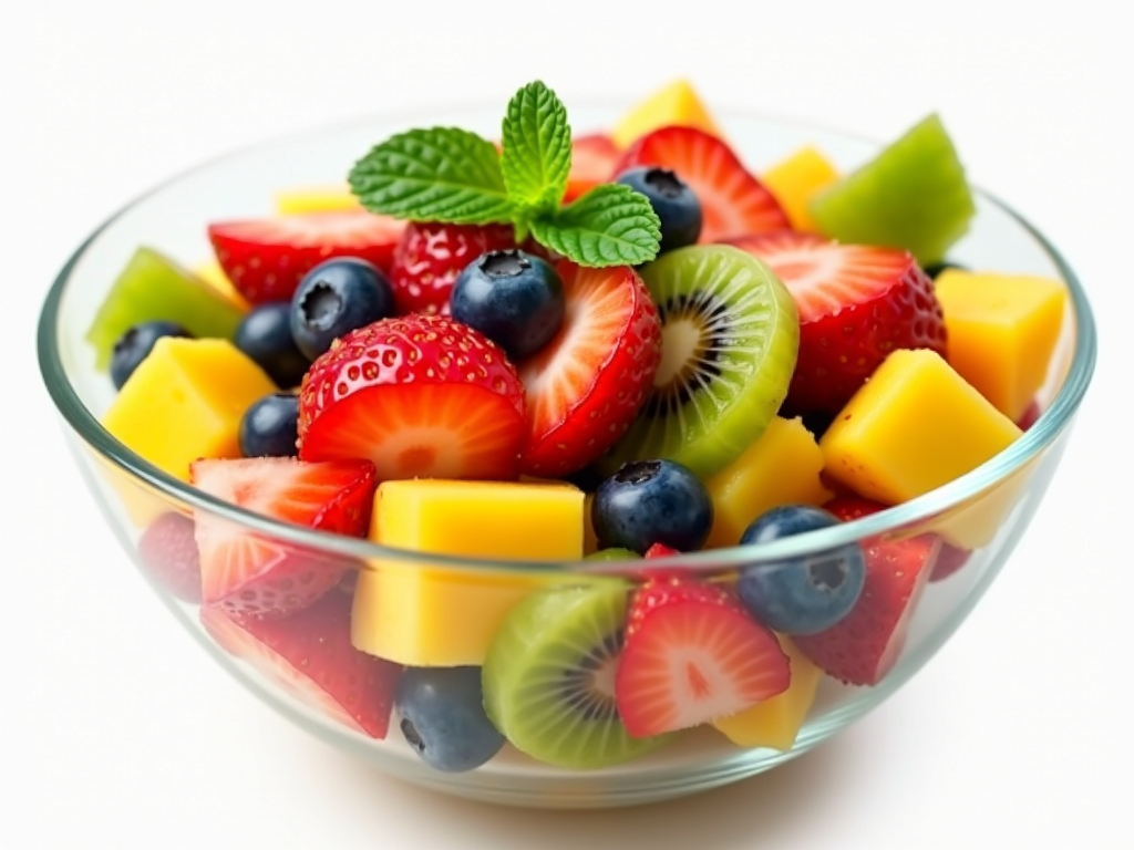 Salată de fructe proaspete cu căpșuni, afine, kiwi, mango și ananas