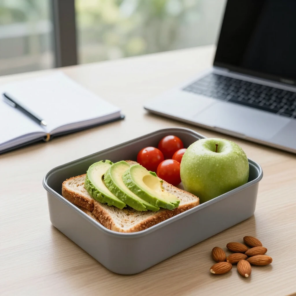 Cutie cu prânz sănătos pe birou, cu avocado toast și fructe