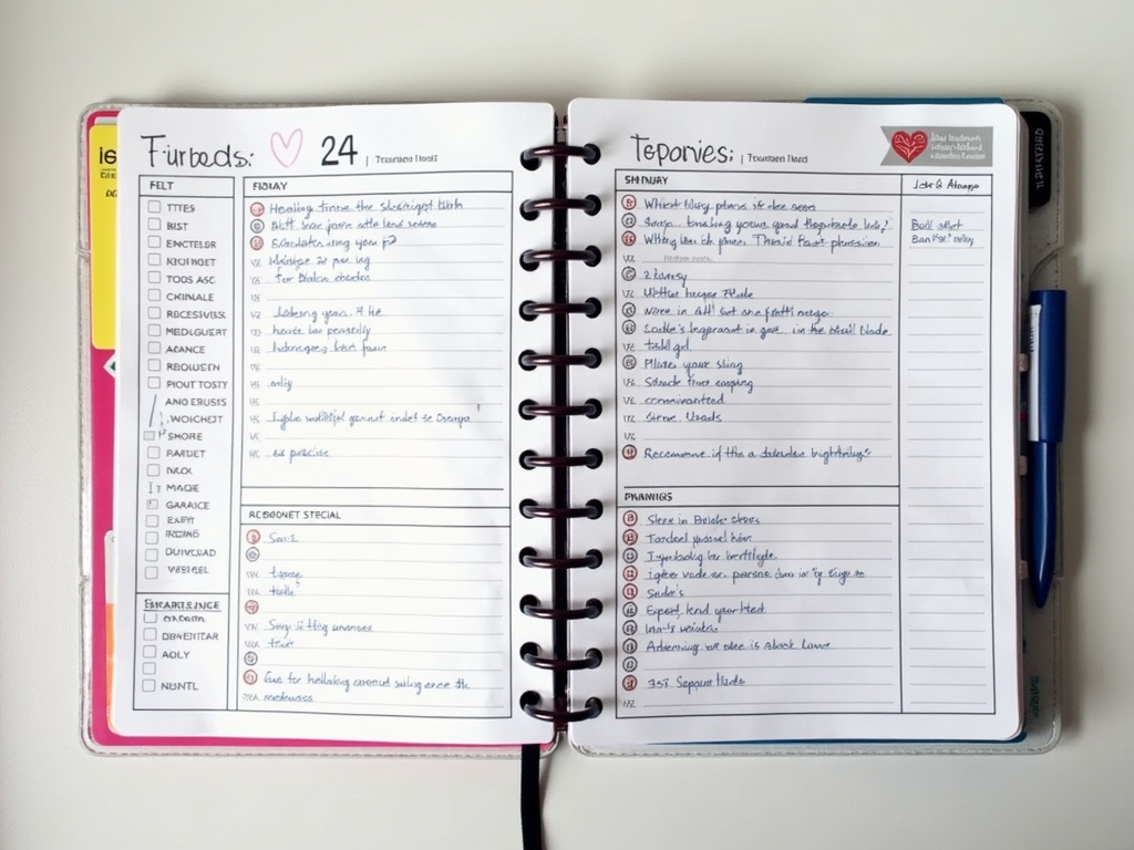 A well-organized planner with fitness goals written down and motivational stickers.