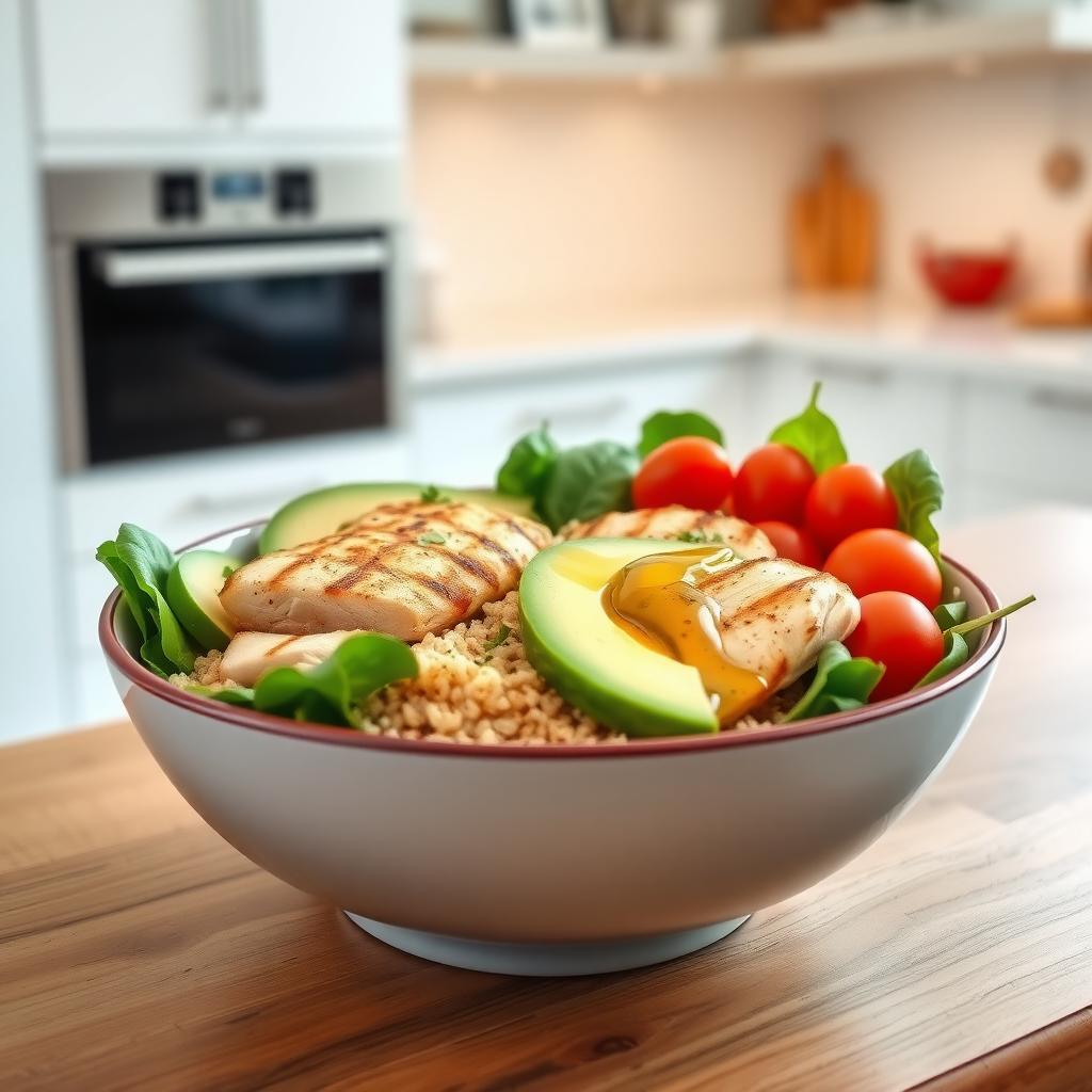 Bol de prânz colorat cu pui la grătar, quinoa, roșii cherry, felii de avocado, spanac și un strop de ulei de măsline, pe o masă din lemn într-o bucătărie modernă.