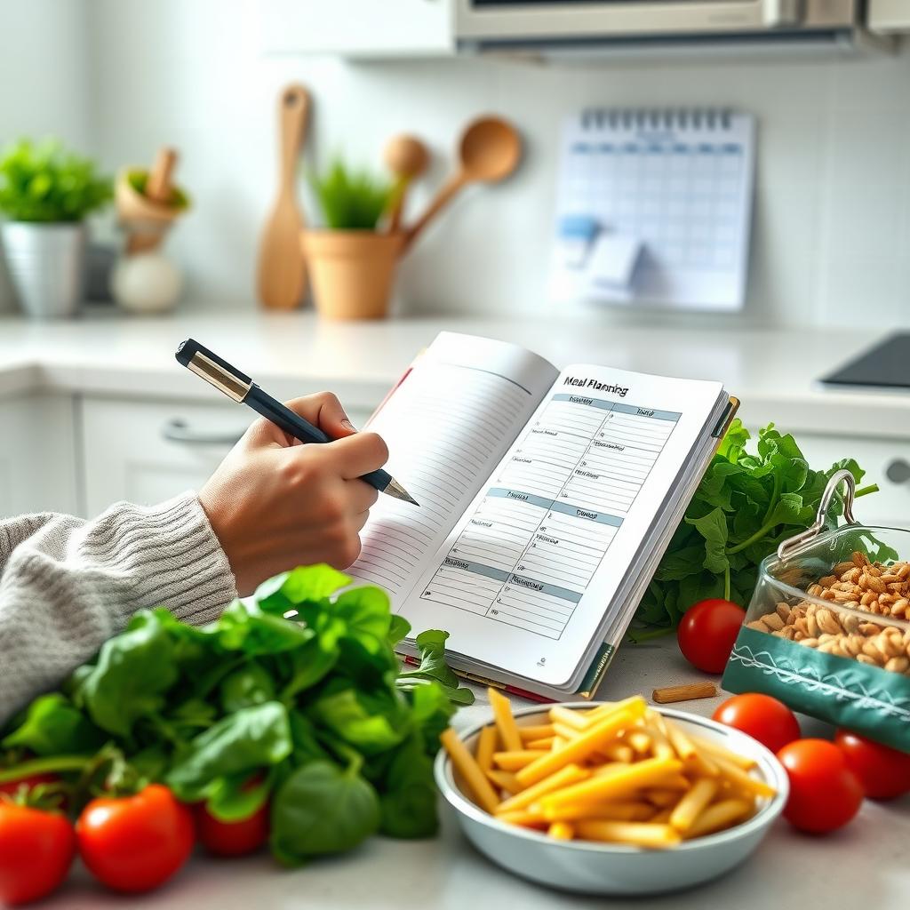 Persoană care notează într-un caiet de planificare a meselor, înconjurată de ingrediente proaspete pe o masă de bucătărie.