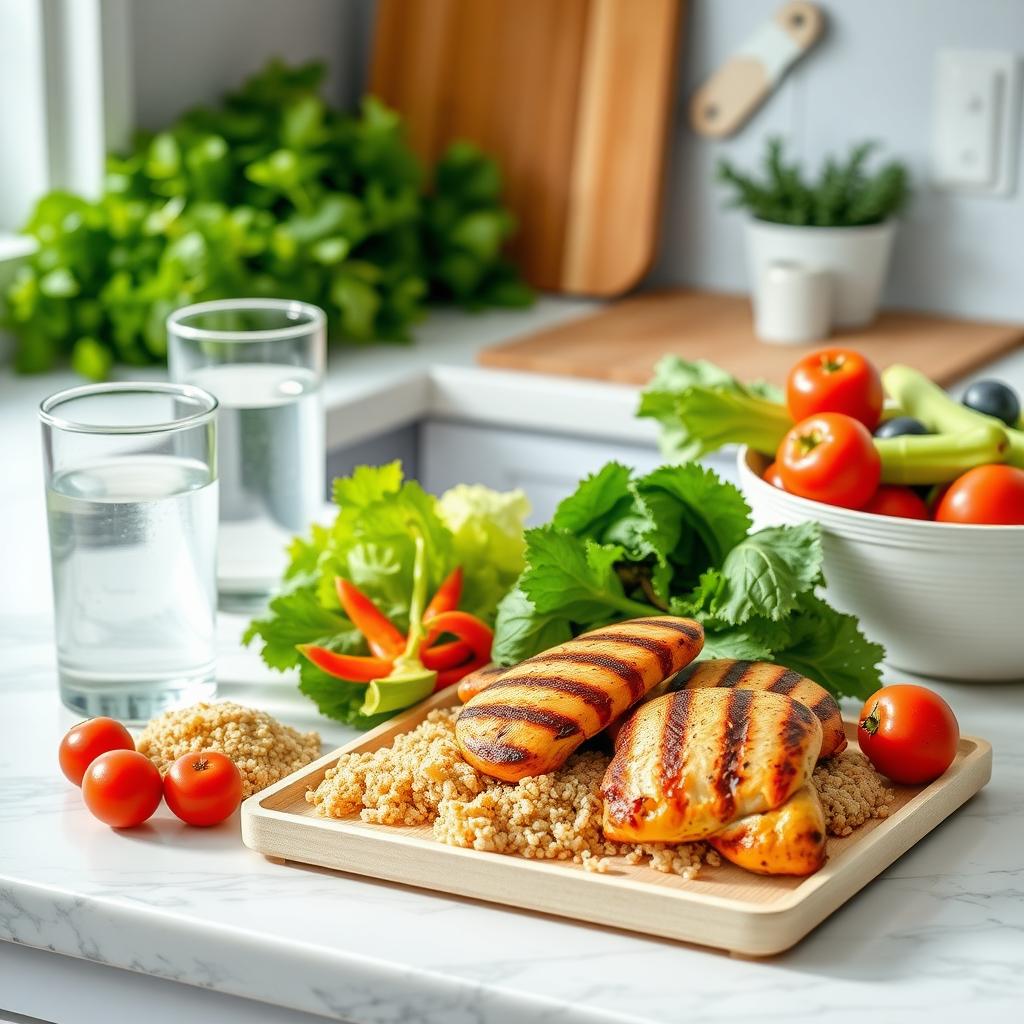 Preparare de masă sănătoasă cu legume colorate, pui la grătar și quinoa pe un blat de bucătărie.