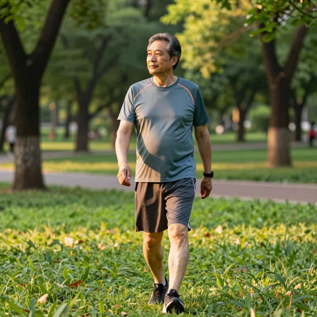 Bărbat plimbându-se în parc ca tehnică de reducere a stresului
