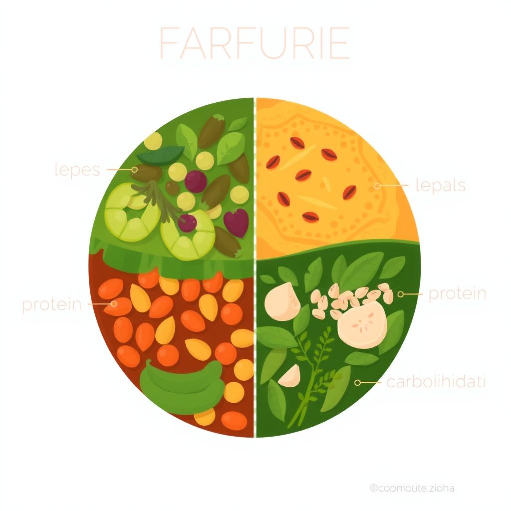 Farfurie echilibrată cu porții controlate de legume, proteine și carbohidrați.