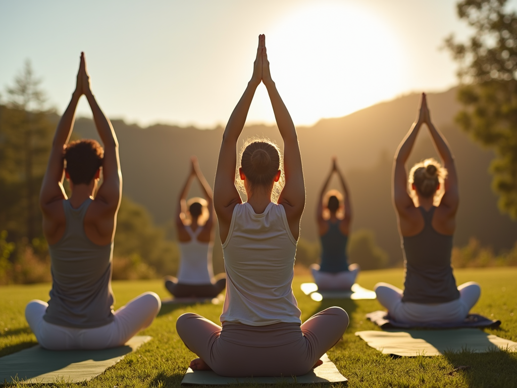 Grup de persoane care fac yoga într-un cadru natural liniștit, concentrându-se pe echilibru și liniște.