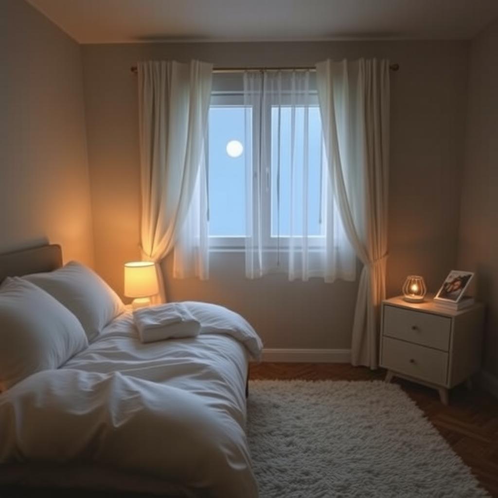 Dormitor confortabil cu lumină caldă, pat alb moale și o atmosferă relaxantă, ideală pentru un somn odihnitor.