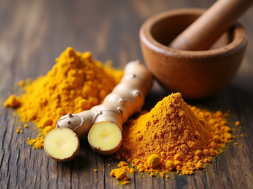 O imagine de aproape a rădăcinilor de ghimbir și turmeric pe o masă de lemn, cu un mojar și pistil în apropiere, subliniind beneficiile lor naturale pentru sănătate.