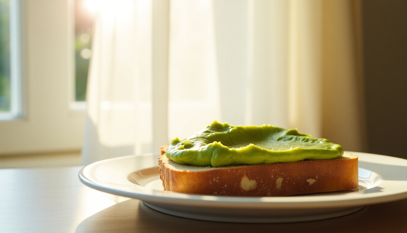 An avocado toast on a white plate by a window with sunlight filtering through.