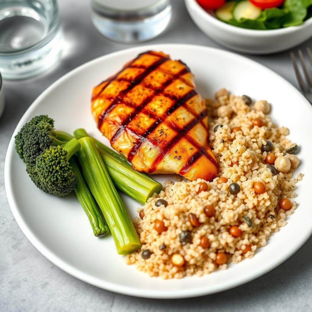 Farfurie sănătoasă cu piept de pui la grătar, broccoli aburit și quinoa, alături de un pahar cu apă.