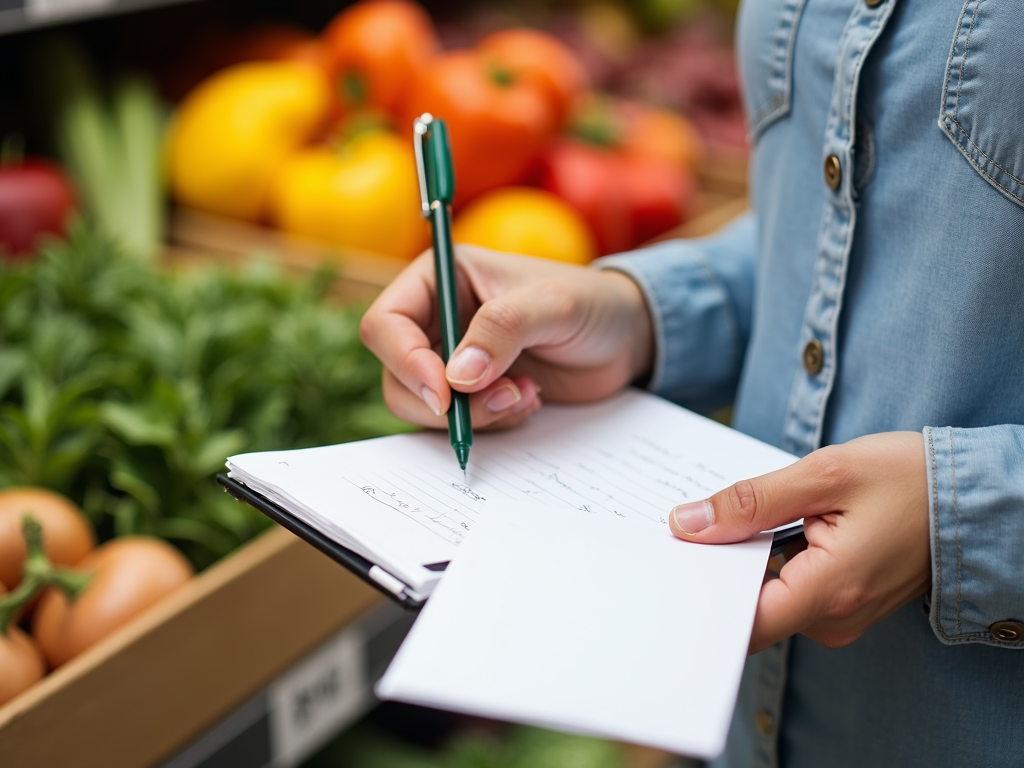Persoană scriind o listă de cumpărături cu fructe și legume proaspete în fundal