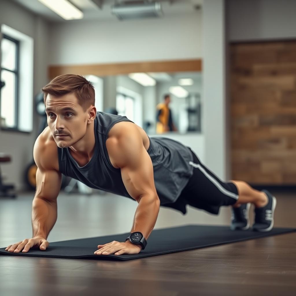 Persoană care execută exercițiul plank pe o saltea de fitness, într-un mediu curat și organizat.