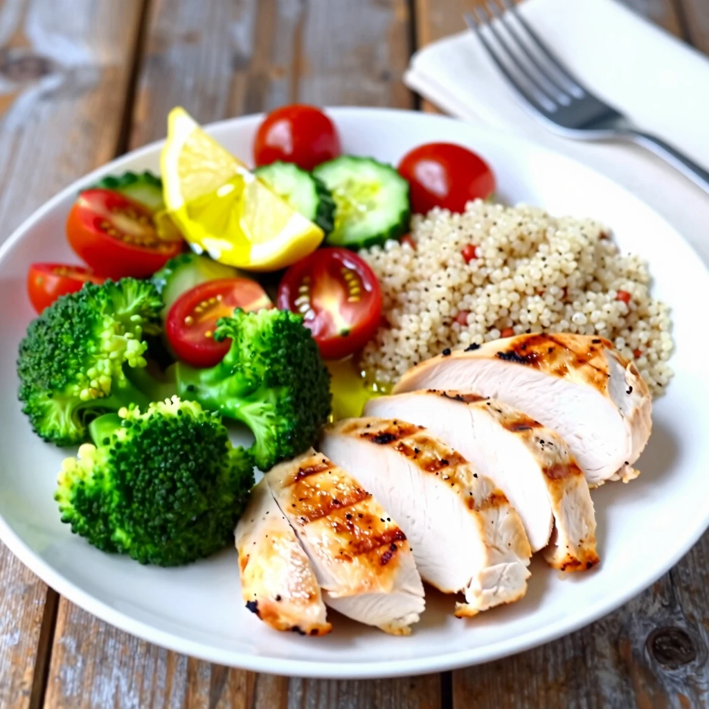 Farfurie cu masă echilibrată: pui grillat, quinoa, broccoli și salată proaspătă