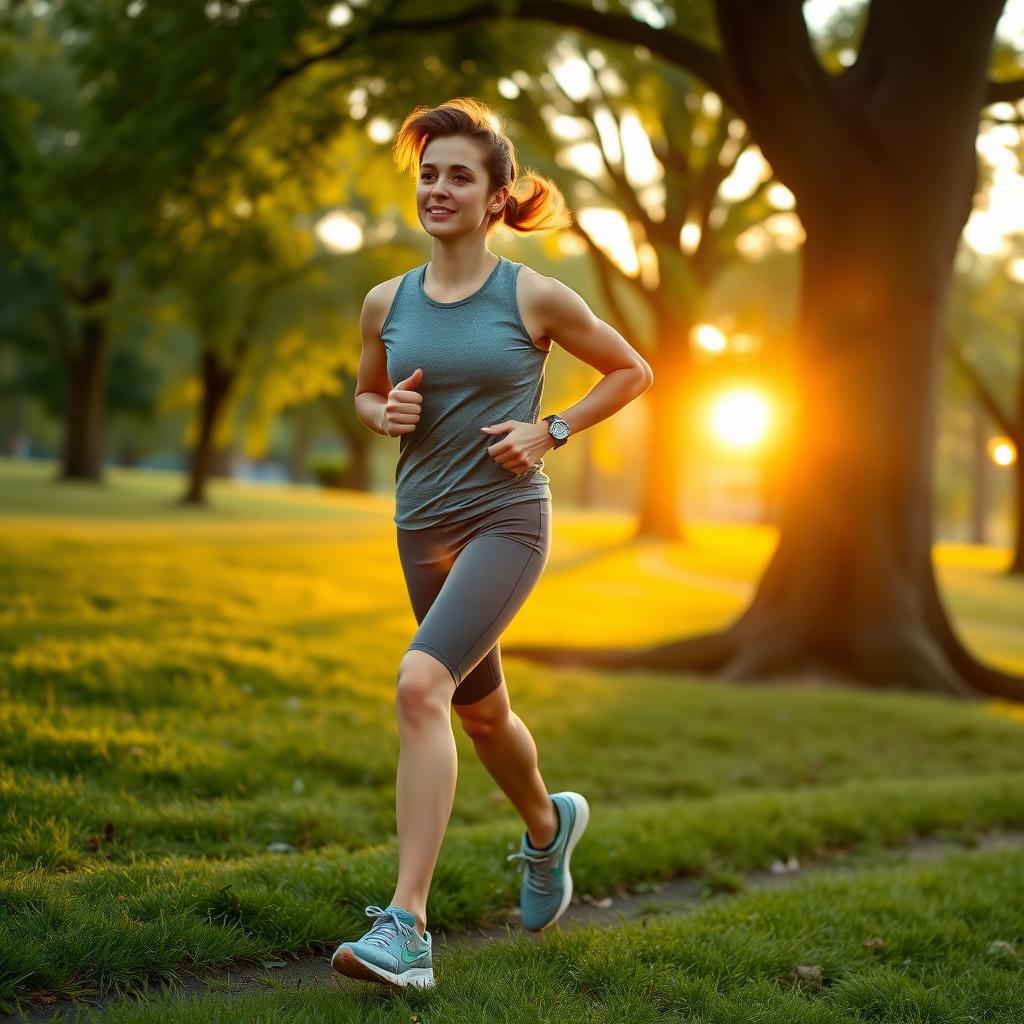 O persoană care aleargă într-un parc verde la răsărit, purtând haine sport comode și căști, cu o expresie calmă și concentrată.