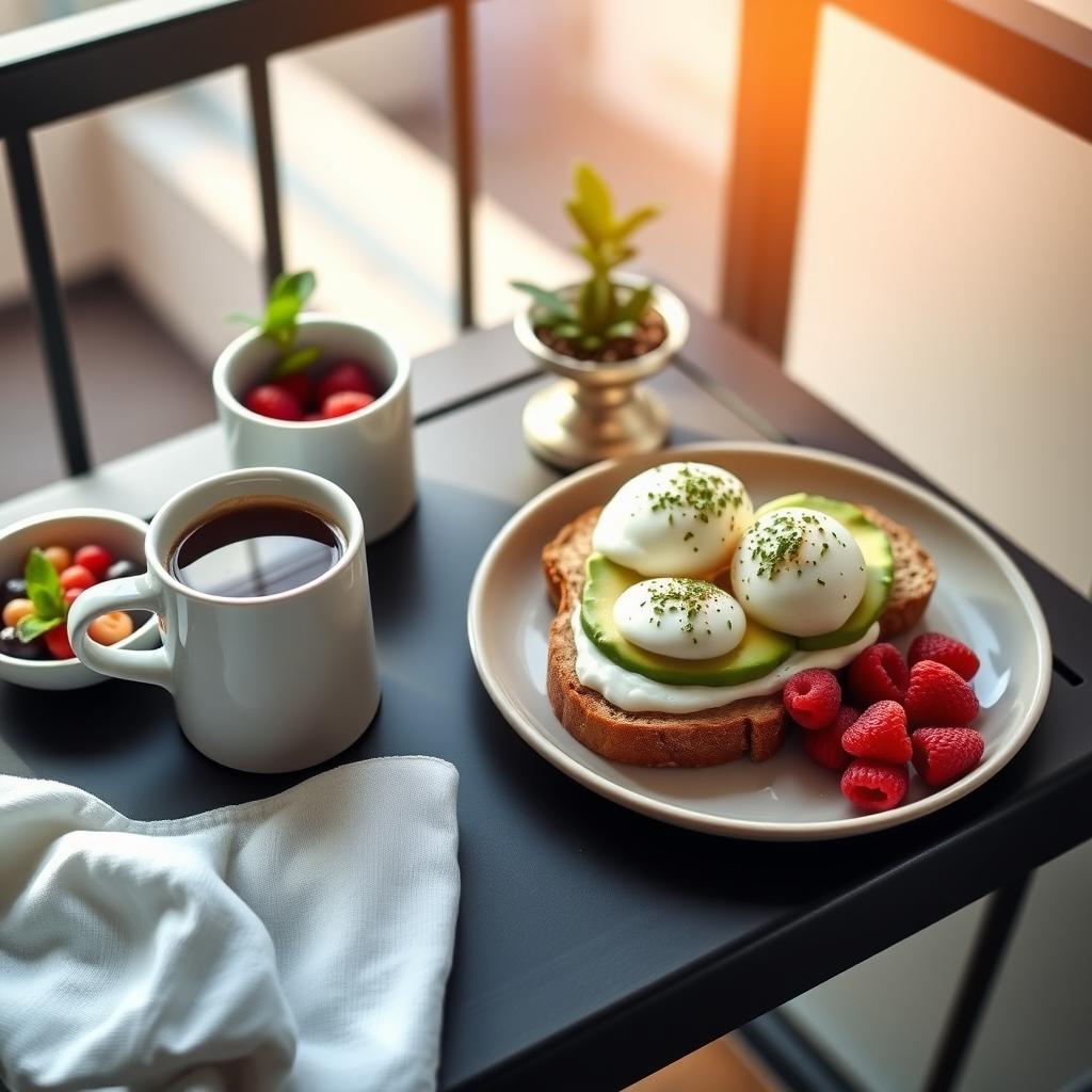 Un mic dejun confortabil pe un balcon mic, cu pâine integrală cu avocado și ouă poșate, o ceașcă de cafea și un bol cu fructe de pădure proaspete, pe o masă decorată cu o plantă în ghiveci, sub cerul însorit al dimineții.