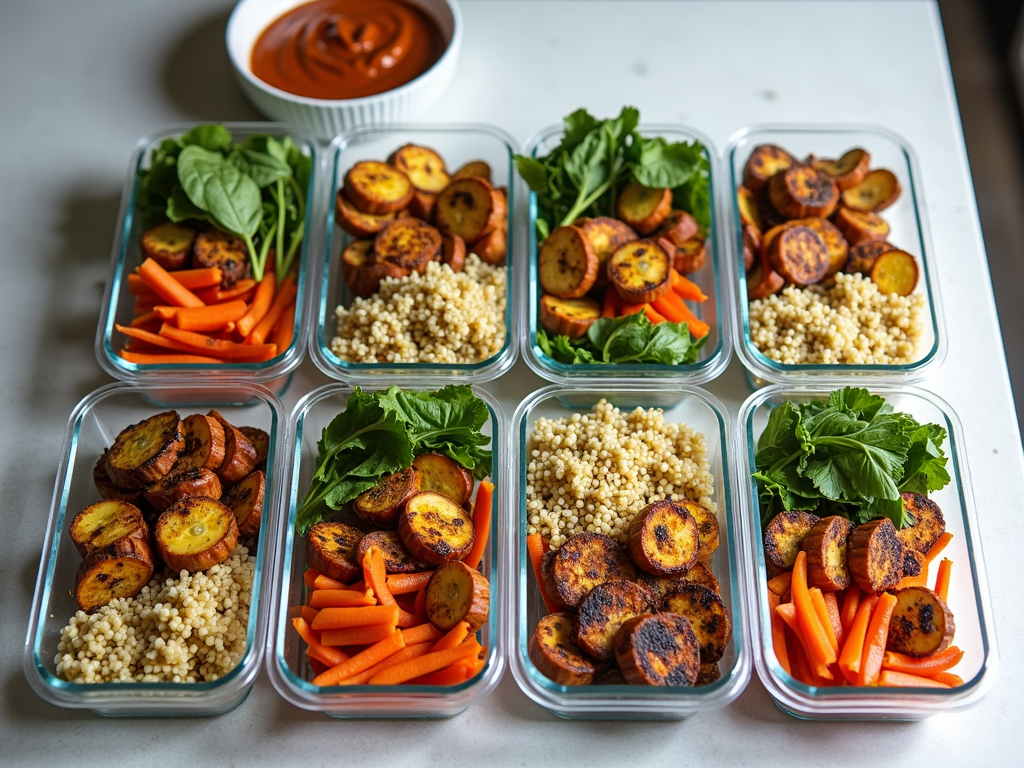 Scenă de pregătire a meselor săptămânale cu recipiente pline de mâncăruri sănătoase precum legume la grătar, quinoa și proteine slabe, organizate pe blatul din bucătărie.
