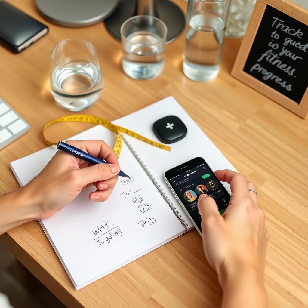 O persoană care își notează progresul de fitness într-un caiet, cu o bandă de măsurat, un smartphone cu o aplicație de fitness și un pahar cu apă pe un birou de lemn.