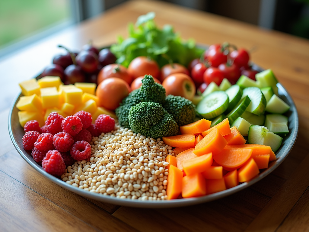 O farfurie colorată cu fructe proaspete, legume, cereale integrale și proteine slabe, aranjate frumos pe o masă de lemn cu lumină naturală.