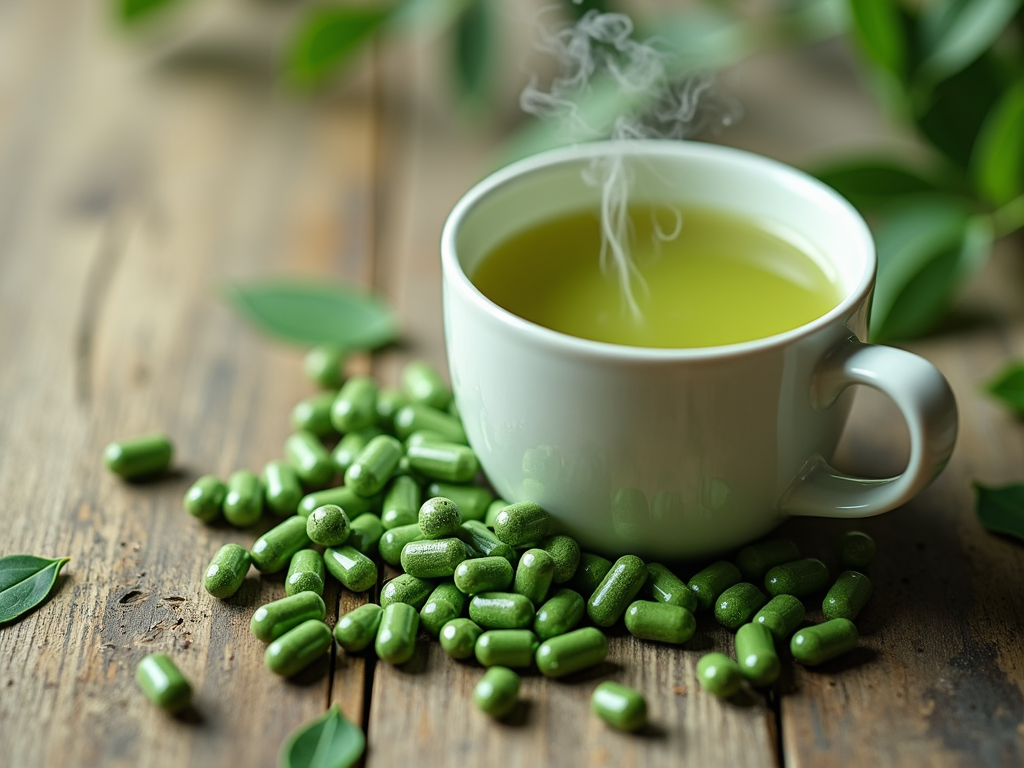 Capsulă de extract de ceai verde lângă o ceașcă de ceai