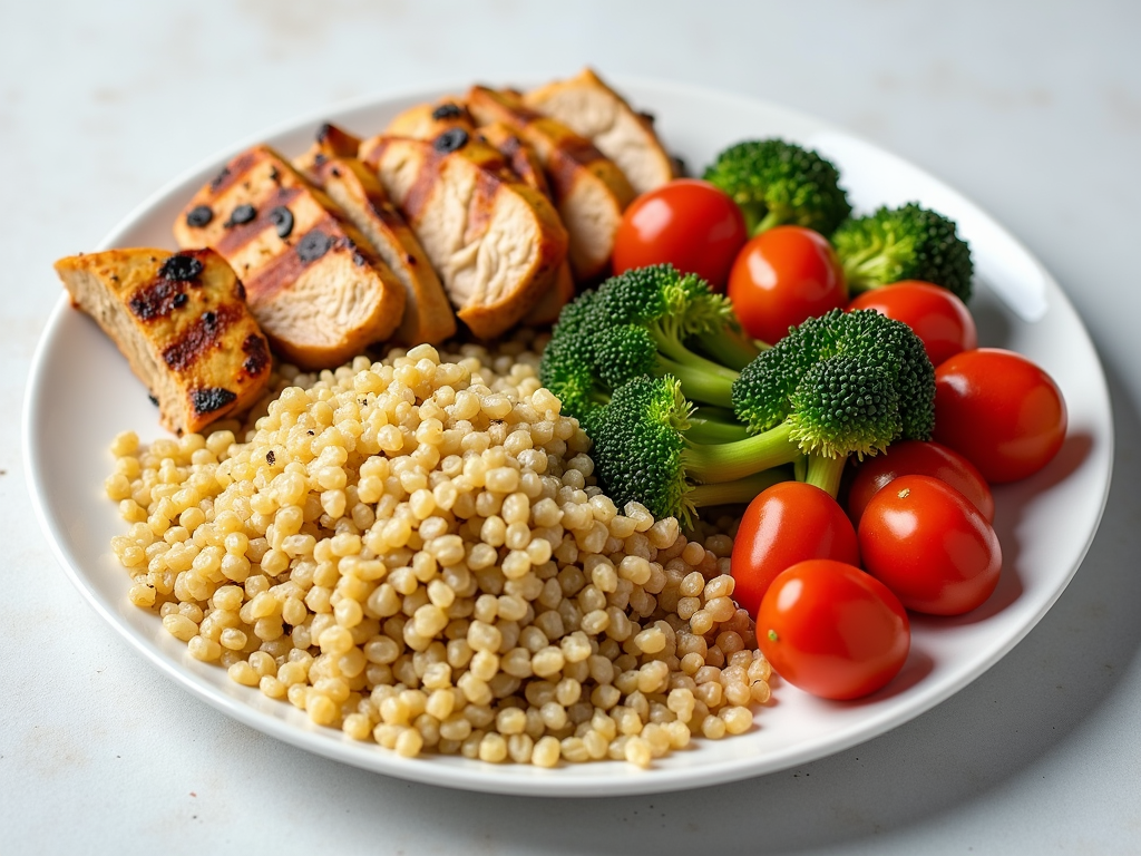 Farfurie colorată cu o masă echilibrată: pui la grătar, quinoa și legume diverse