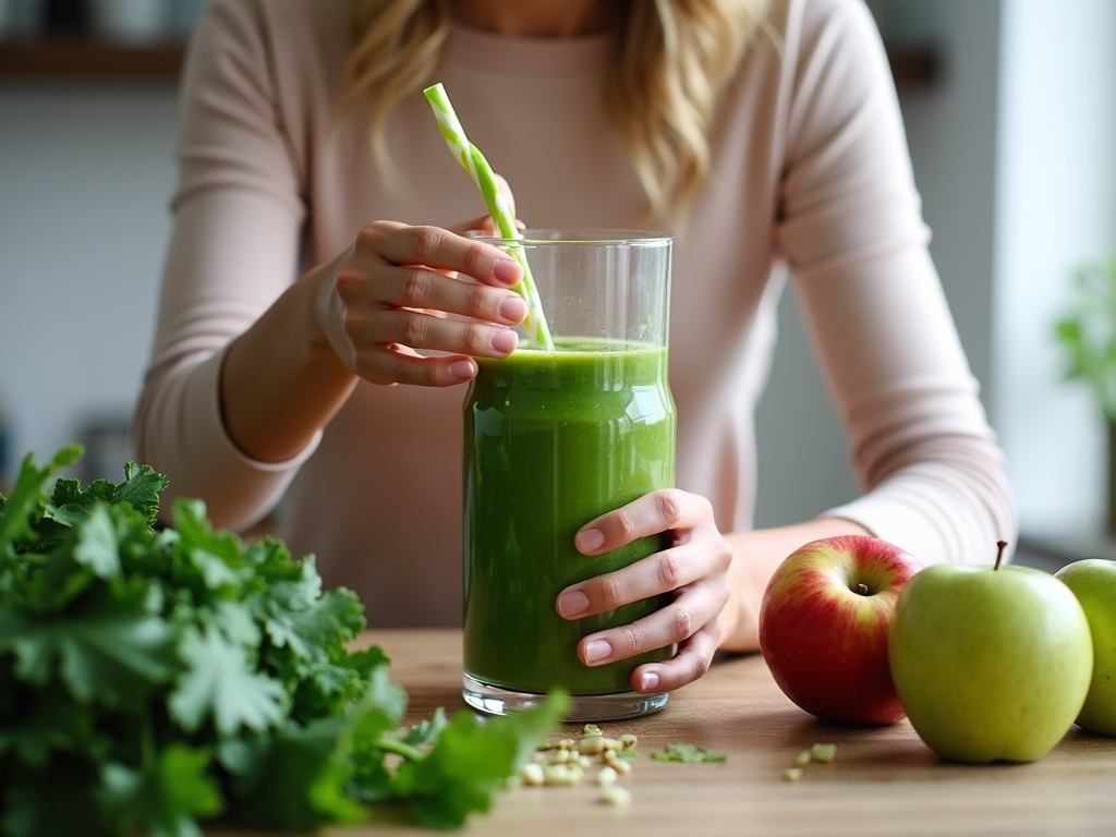 Persoană pregătind un smoothie verde într-o bucătărie modernă, cu ingrediente proaspete vizibile.