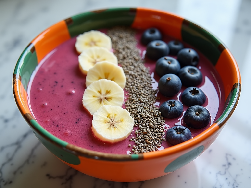 Smoothie bowl colorat cu fructe, semințe de chia și miere, ideal pentru un mic dejun rapid și sănătos.