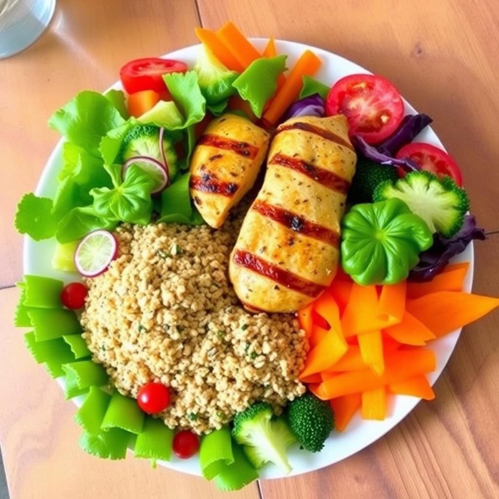 Farfurie colorată cu legume proaspete, pui la grătar și quinoa, pe o masă din lemn.