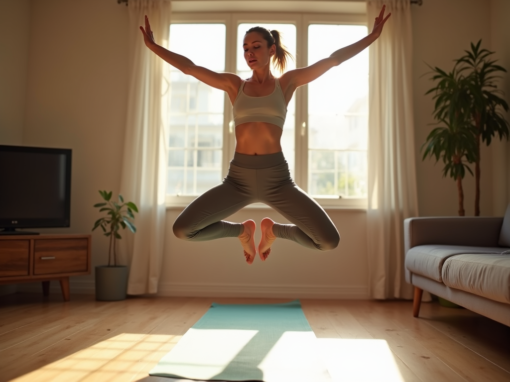 Persoană făcând jumping jacks acasă
