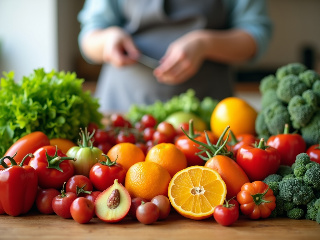 Fructe și legume proaspete pe o masă din lemn, cu o persoană pregătind o masă sănătoasă în fundal.