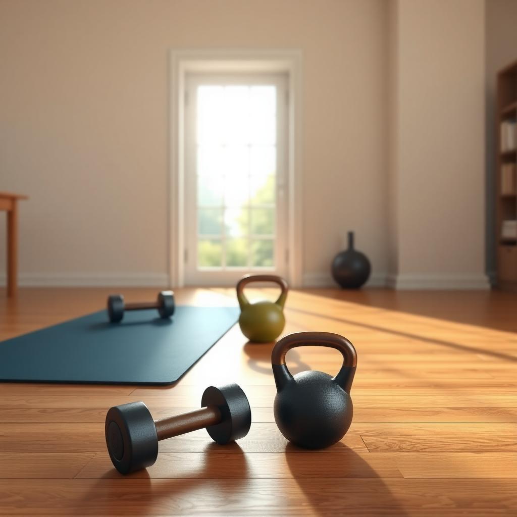 Amenajare pentru sală de sport acasă, cu covoraș de yoga, gantere și o minge kettlebell, luminată natural.
