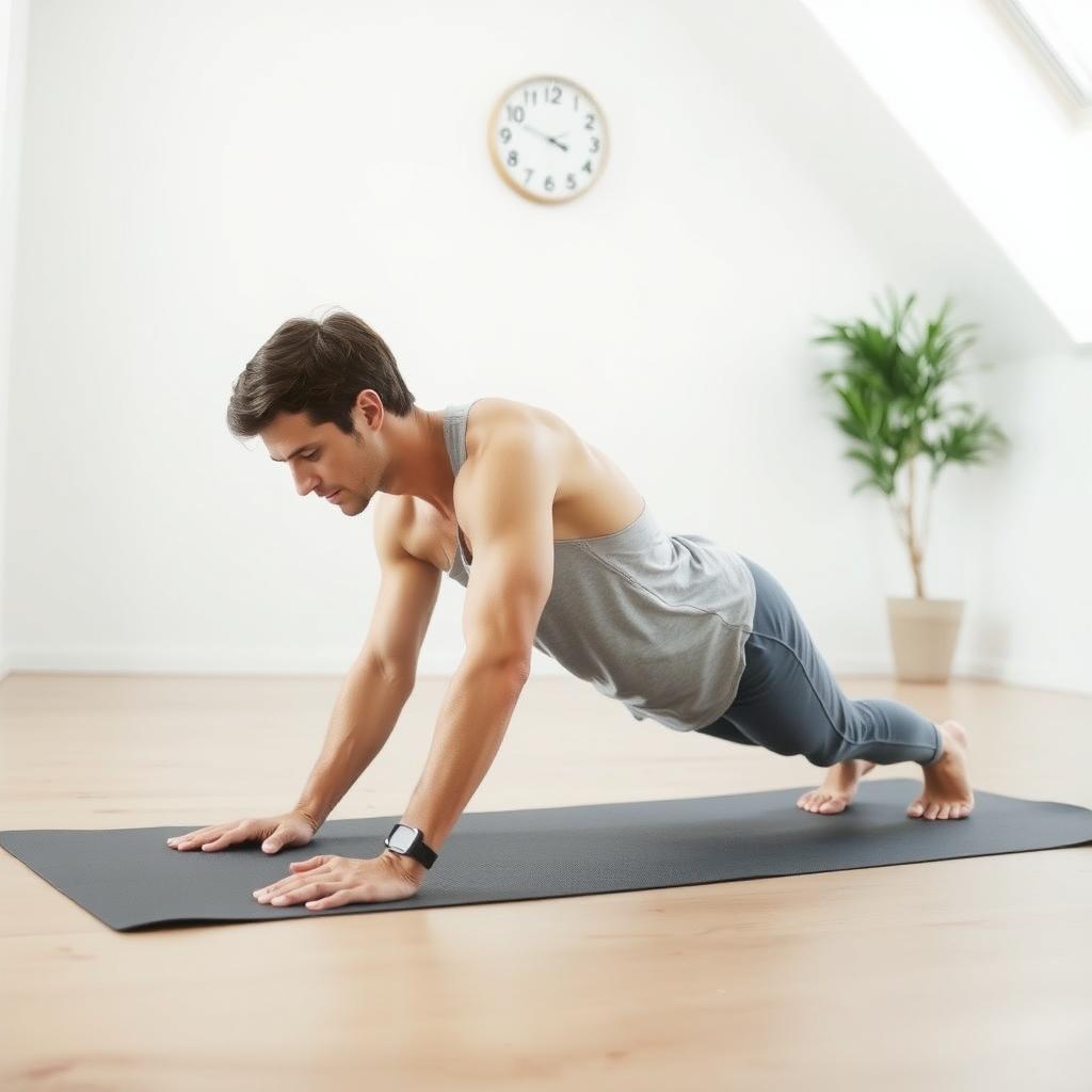 Persoană care efectuează exercițiul plank pe o saltea de yoga într-o cameră luminoasă, cu un ceas pe perete indicând dimineața devreme.