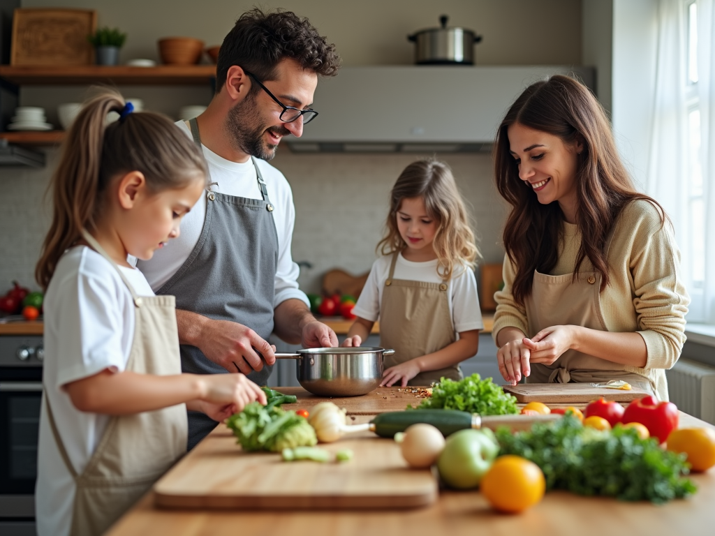 Familie pregătind masa împreună în bucătărie