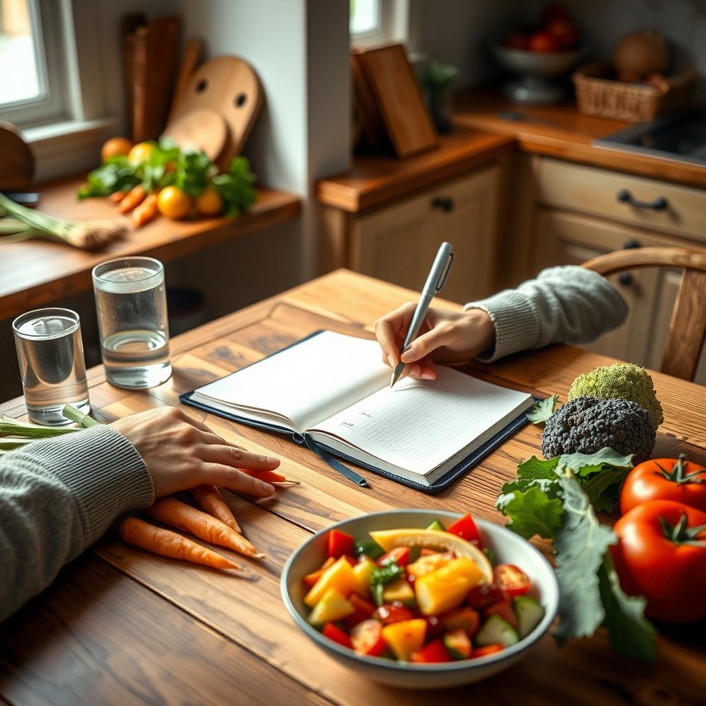 Persoană care notează obiective într-un jurnal pe o masă din lemn, înconjurată de legume colorate și o salată sănătoasă.