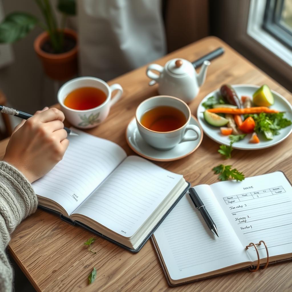 Persoană care scrie într-un jurnal la un birou confortabil, cu o ceașcă de ceai de plante, o farfurie cu legume colorate și un caiet cu un plan de masă, subliniind importanța planificării în postul intermitent.