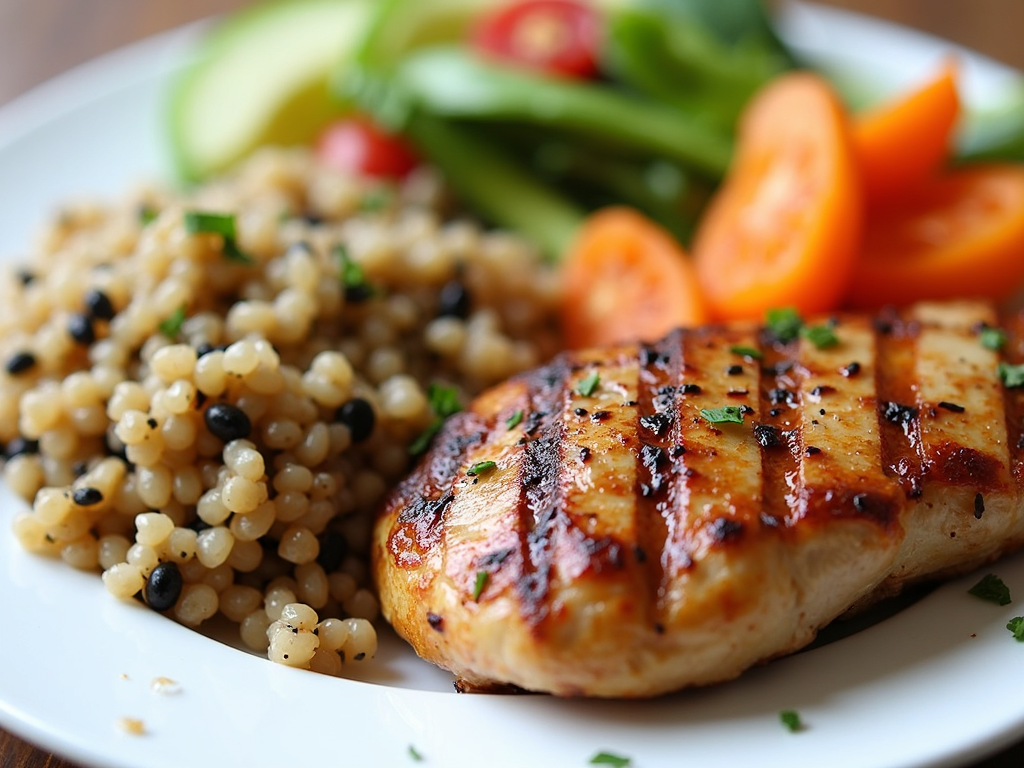 O farfurie cu pui la grătar, legume fierte și quinoa
