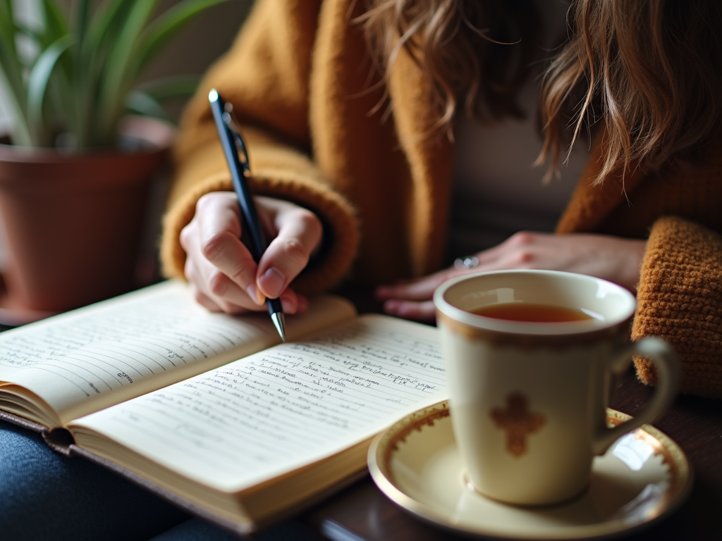 Imagine cu o persoană care scrie într-un jurnal, având alături o ceașcă de ceai, într-un decor cald și primitor.