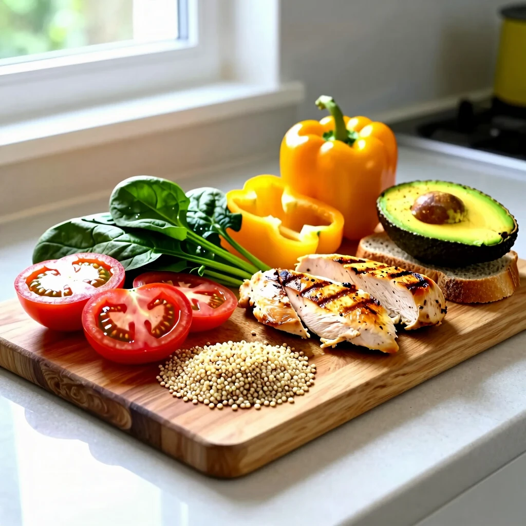 Ingrediente proaspete aranjate pe o tocătoare de lemn pentru o dietă echilibrată