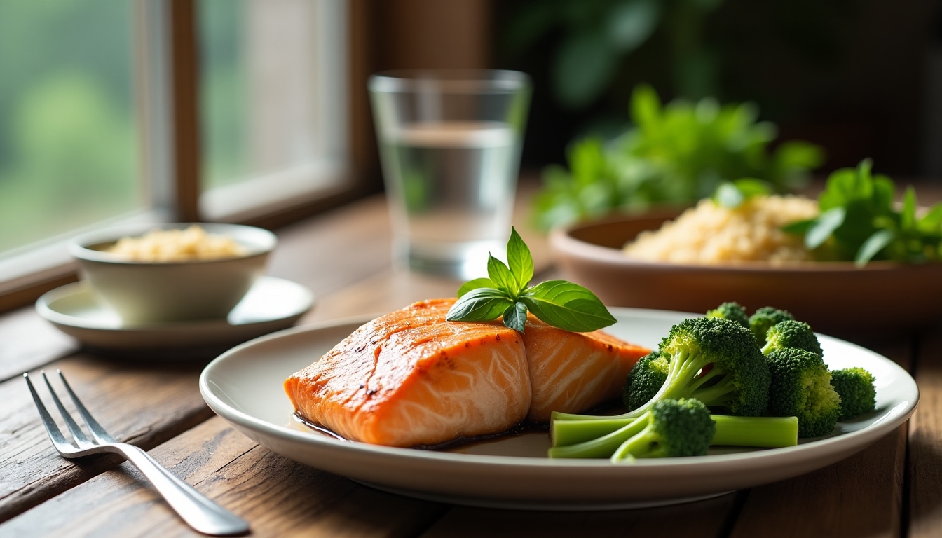 Prânz sănătos cu somon, broccoli și quinoa, reflectând o dietă simplă pentru sănătatea mintală